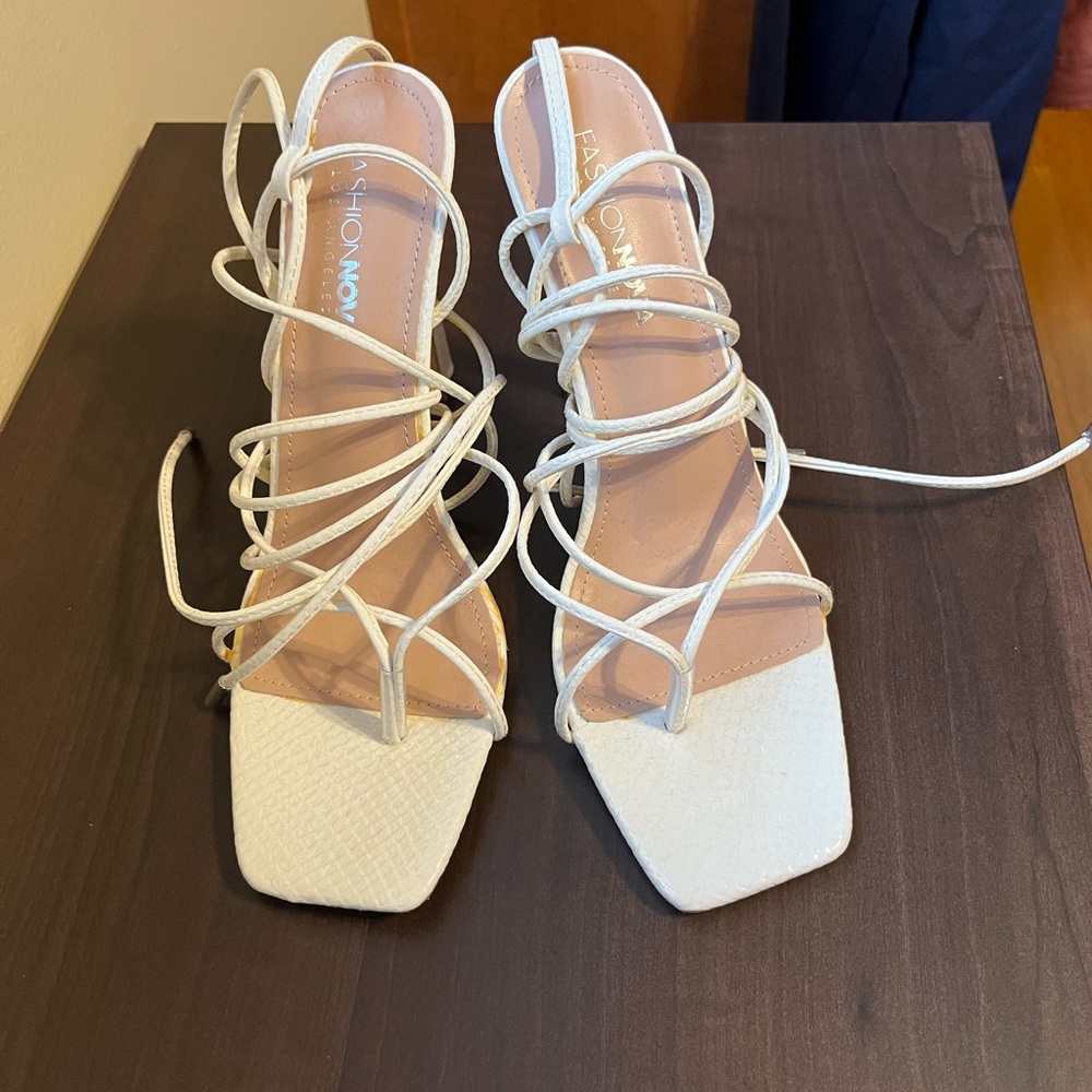 White wrap around strap up heels